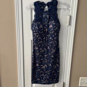 Sequin Heart Lace Halter Bodycon Homecoming Dress Navy Blue & Nude Siz…
